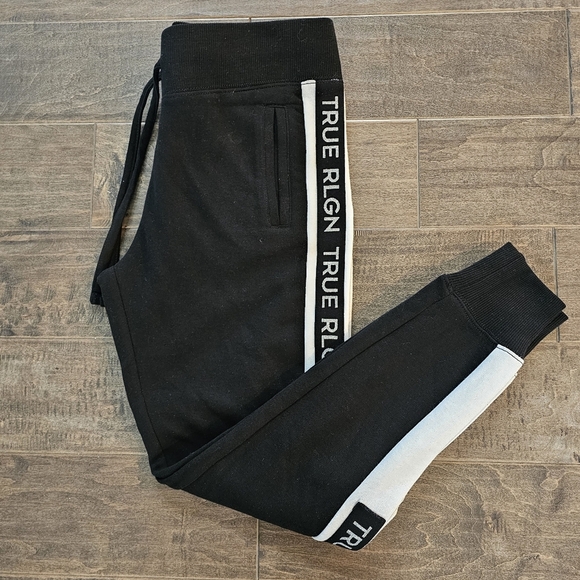 New True Religion Women's Black Joggers with White Stripes Sz Medium - Picture 4 of 7
